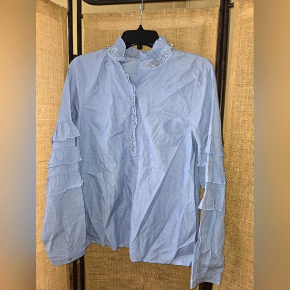 crown & ivy Tops - NWT Women's Crown & Ivy Light Blue Ruffled Long Sleeve Blouse Rhinestones Size M